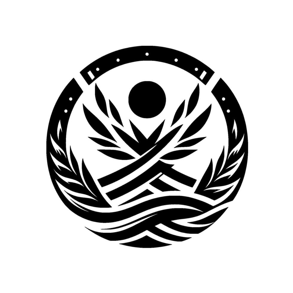 Abstract Emblem of Harmony A Circular Black and White Featuring Crossed Leaves, Waves, and a Central Dot, Symbolic of Unity and Balance. vector