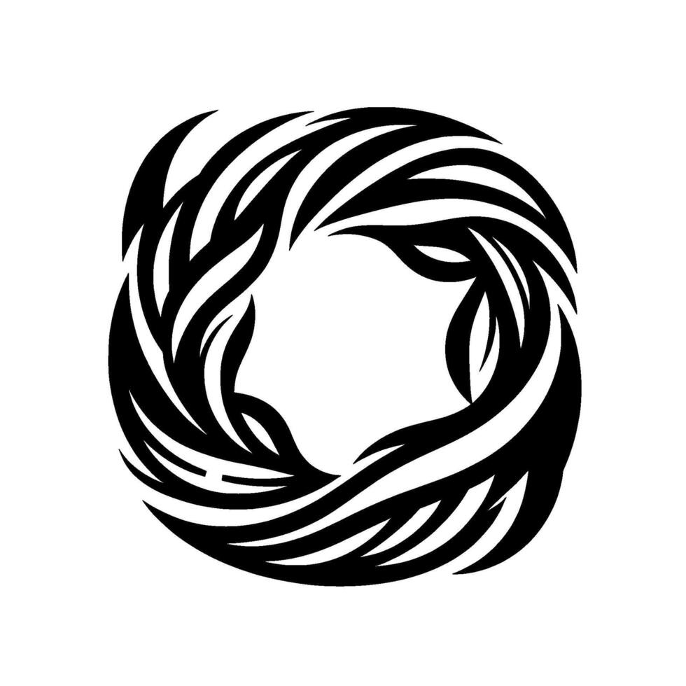 An elegant, abstract of stylized, curved, black foliage swirling around a central negative space, creating a visually captivating and harmonious composition on a white backdrop. vector