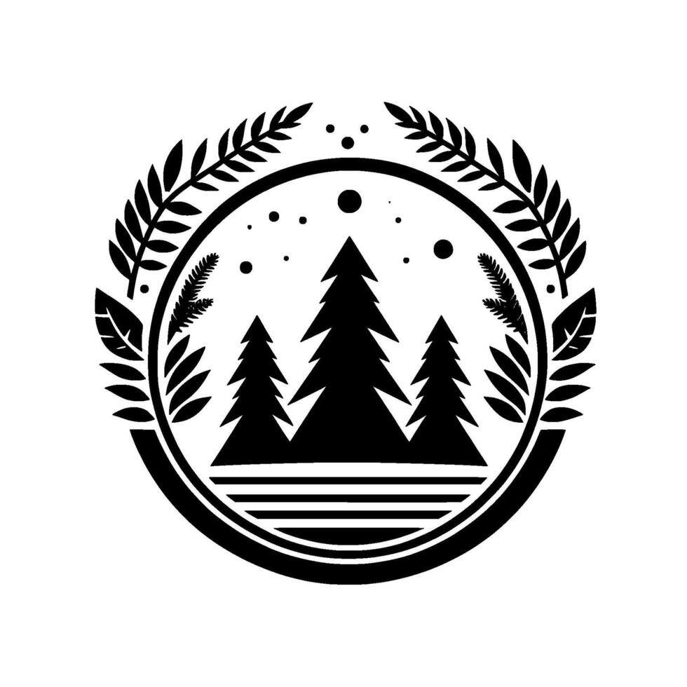 Minimalist Black and White Circular Emblem Featuring Pine Trees, Laurels, and Celestial Elements, Ideal for Outdoorsy Brands. vector