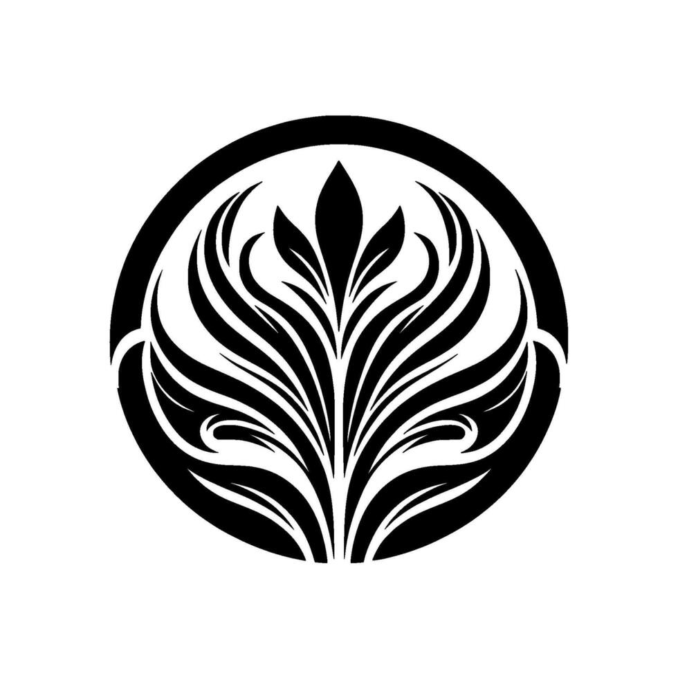 A symmetrical, stylized botanical emblem featuring a central floral element, encapsulated within a circular black frame, on a plain white backdrop, exuding elegance. vector