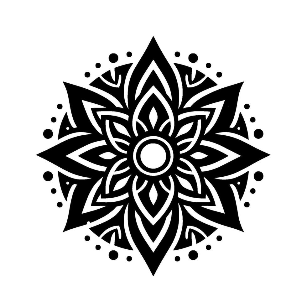 Intricate Black and White Geometric Floral Mandala with Symmetrical Petals and a Central Ocular Motif on a White Background. vector