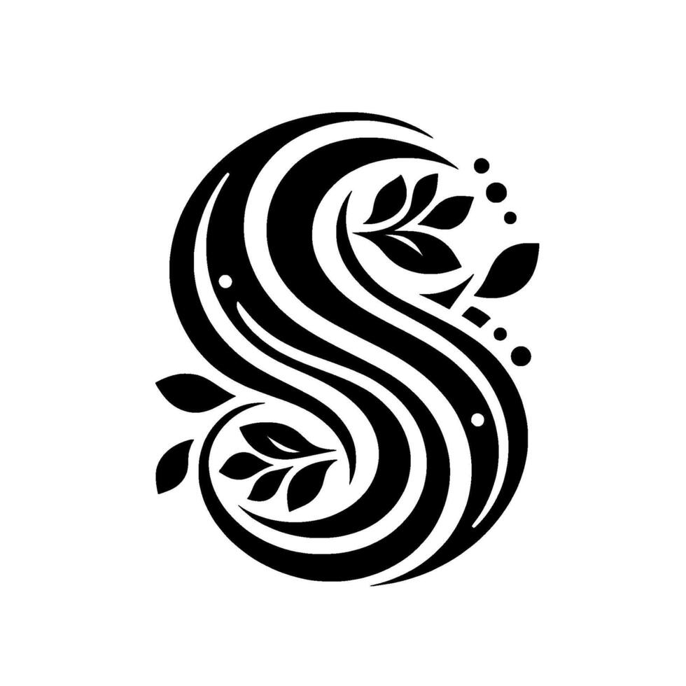 Elegant Black and White Floral S Design A flowing, ornamental letter S intertwined with stylized leaves and circular accents against a stark white backdrop, embodying a minimalist aesthetic. vector