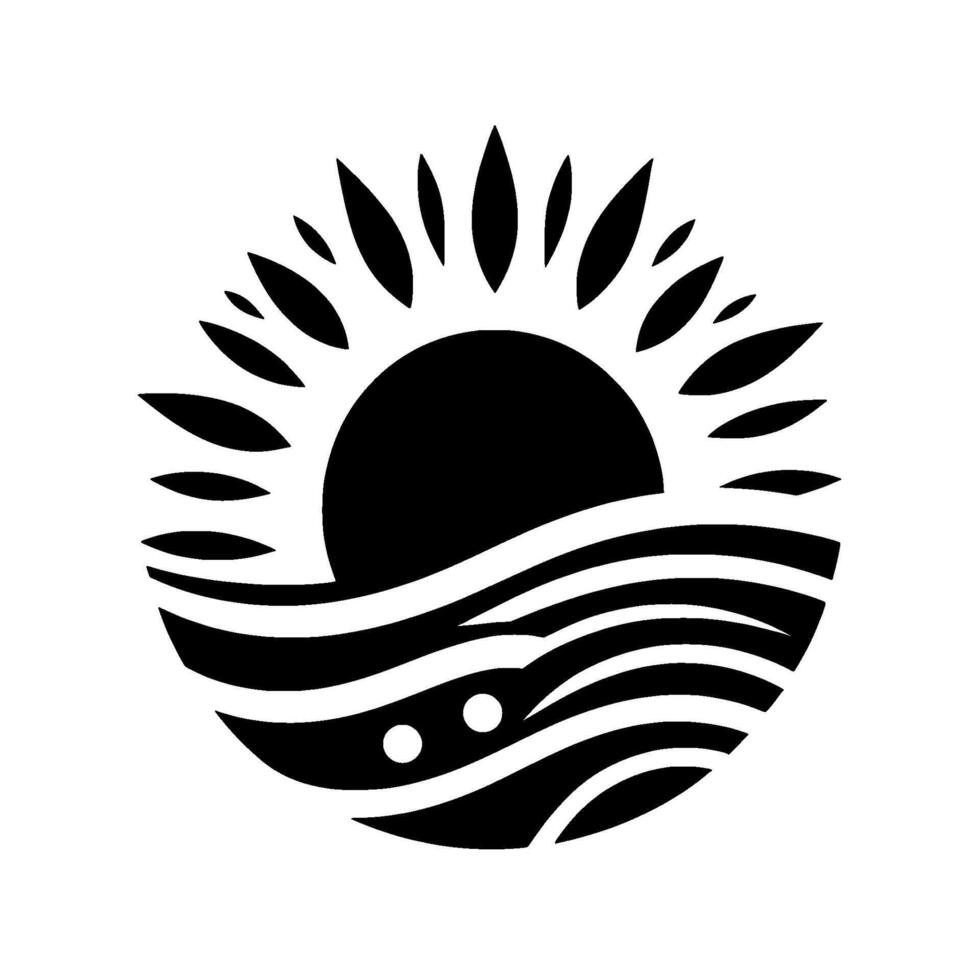 Monochrome circular illustration of a sunset over ocean waves, radiating light, incorporating minimal details. vector