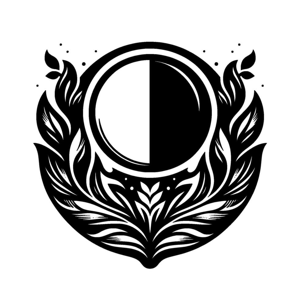 Symmetrical Black and White Artwork Featuring a MoonLike Divided Circle, Surrounded by Stylized Floral and Leafy Ornamentation. vector
