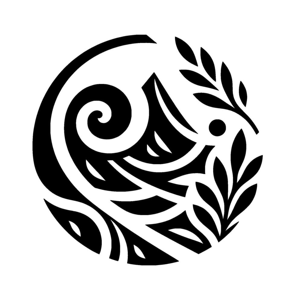 Intricate Polynesianinspired circular artwork featuring a spiral, stylized leaf elements, and geometric shapes, rendered in stark black against a white backdrop. vector