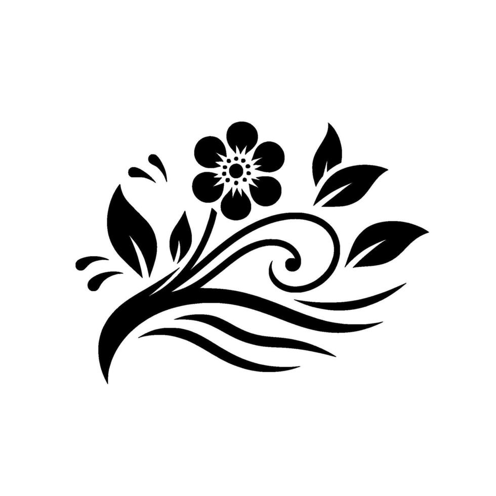 Elegant Black Floral Featuring a Central Blooming Flower, Leafy Foliage, and Swirling Tendrils on a Clean White Background, Evoking a Sense of Sophistication and Simplicity. vector