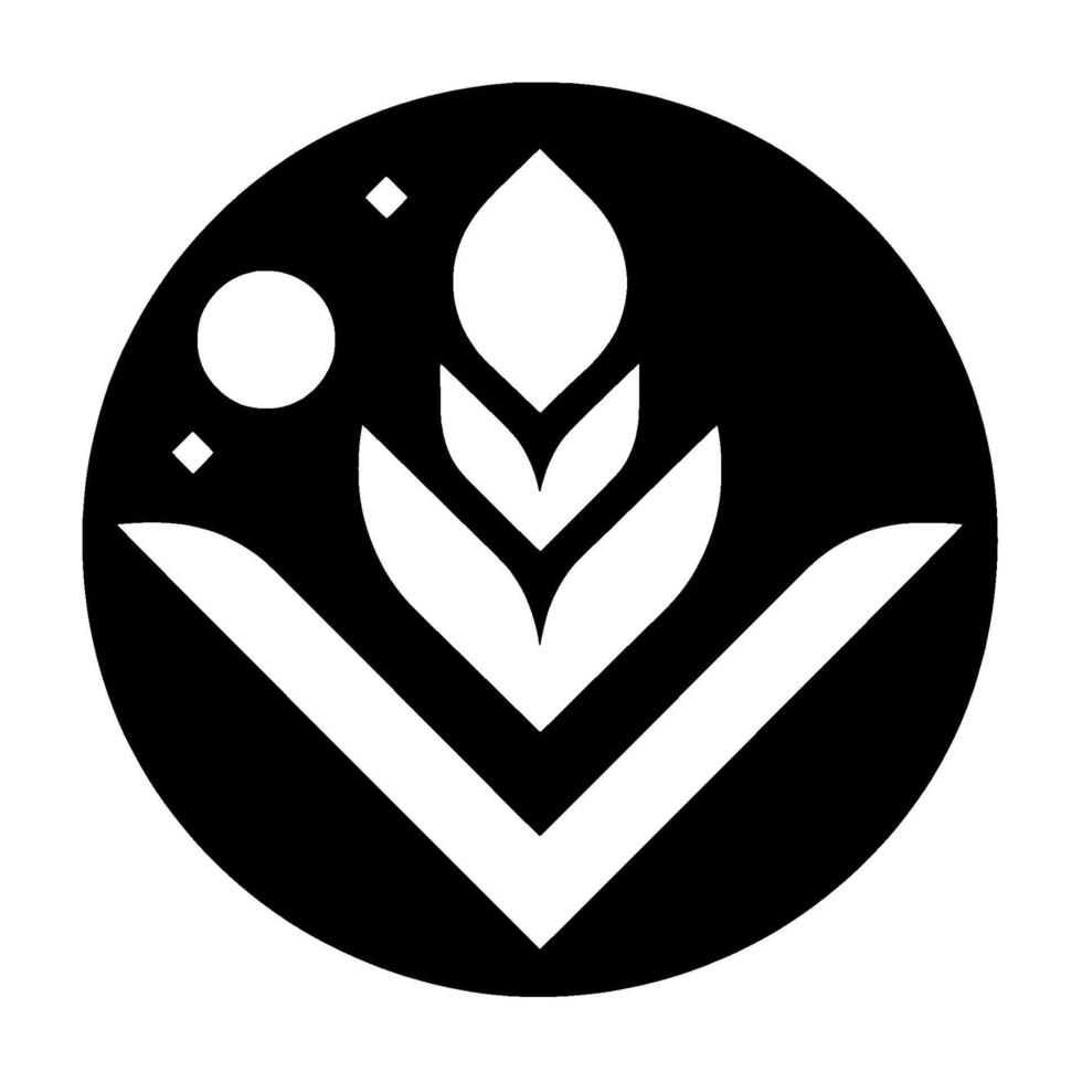 A stylized, minimalist within a black circle, featuring a central plant form with layered leaflike shapes, starlike details and a sun, evoking natural themes. vector