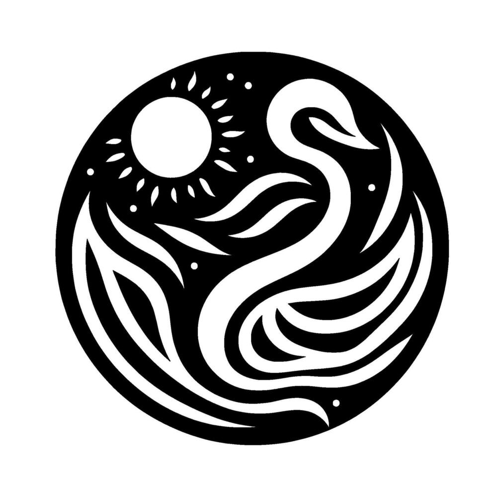 A minimalist black and white circular featuring a stylized swan emerging from wavy lines, sun with radiant lines in the upper left, conveying harmony and natural elements. vector