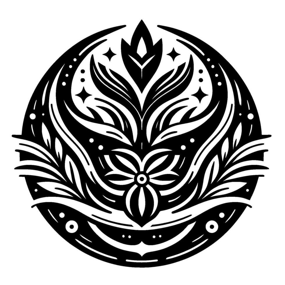 Intricate Black and White Floral Mandala with Stylized Leaves, Petals, and Star Accents within a Circular Frame. vector