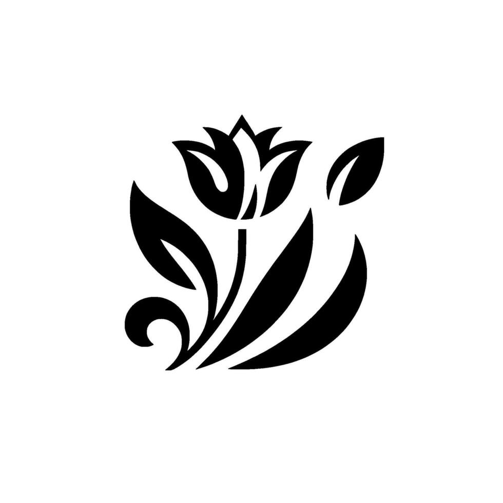 Minimalist Black and White Floral Design Stylized Tulip with Leaves and a Decorative Curl on a Clean White Background. vector