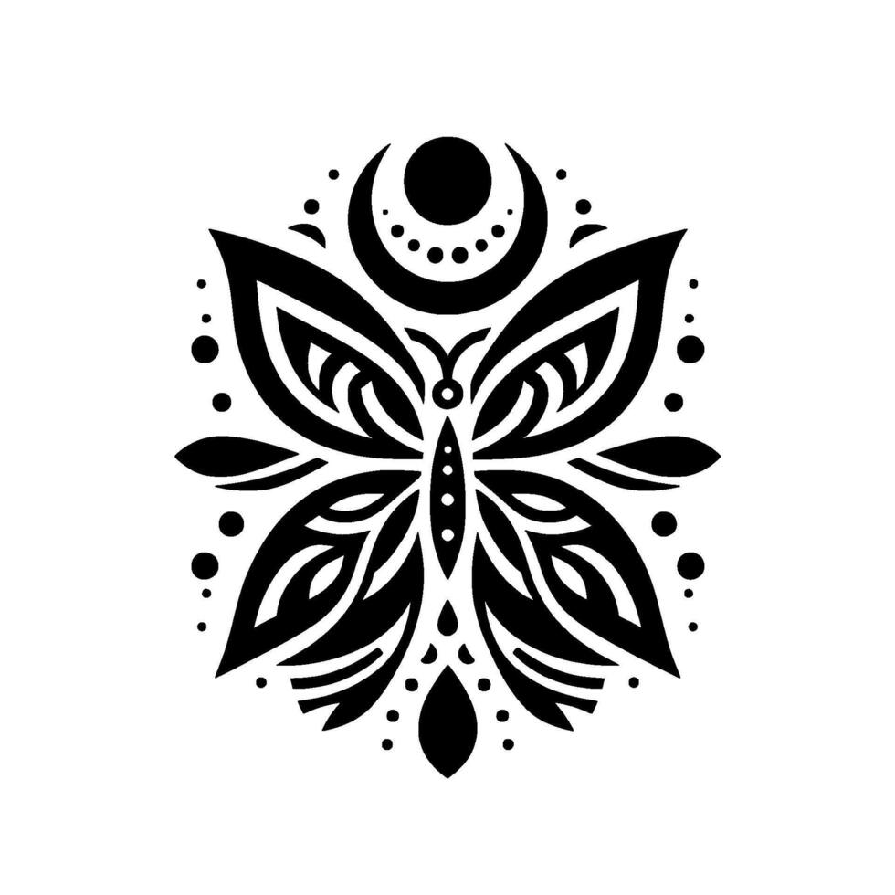 Symmetrical, black and white butterfly with crescent moon and dot details, evokes mystical or spiritual themes, against clean white background. vector