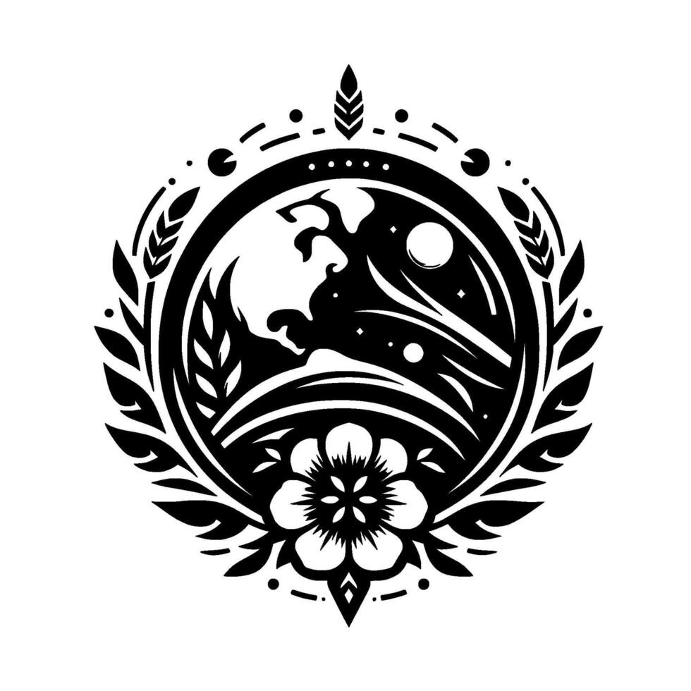Intricate Floral Crest Black White Emblem with Wave Motif, Crescent Moon, and Leafy Accents, Decorative Design. vector