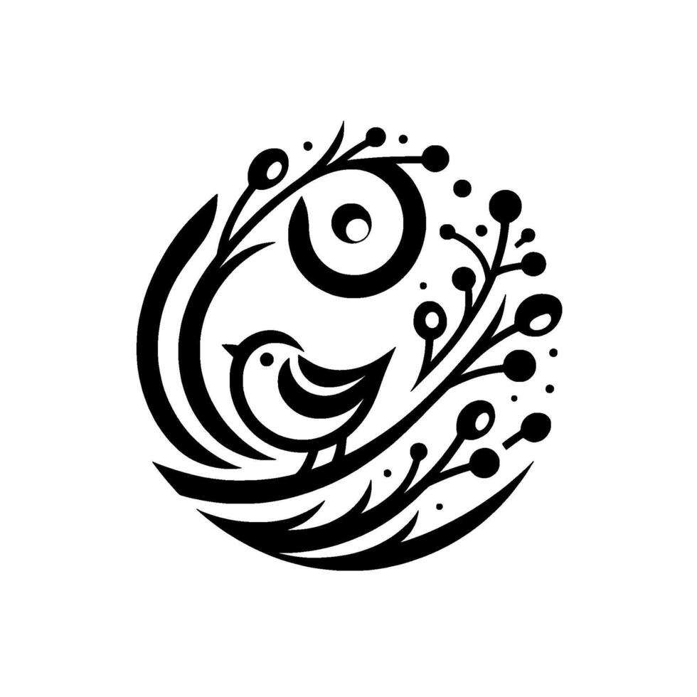 A stylized black and white illustration of a bird perched within an organic, circular of leaves and berries. vector