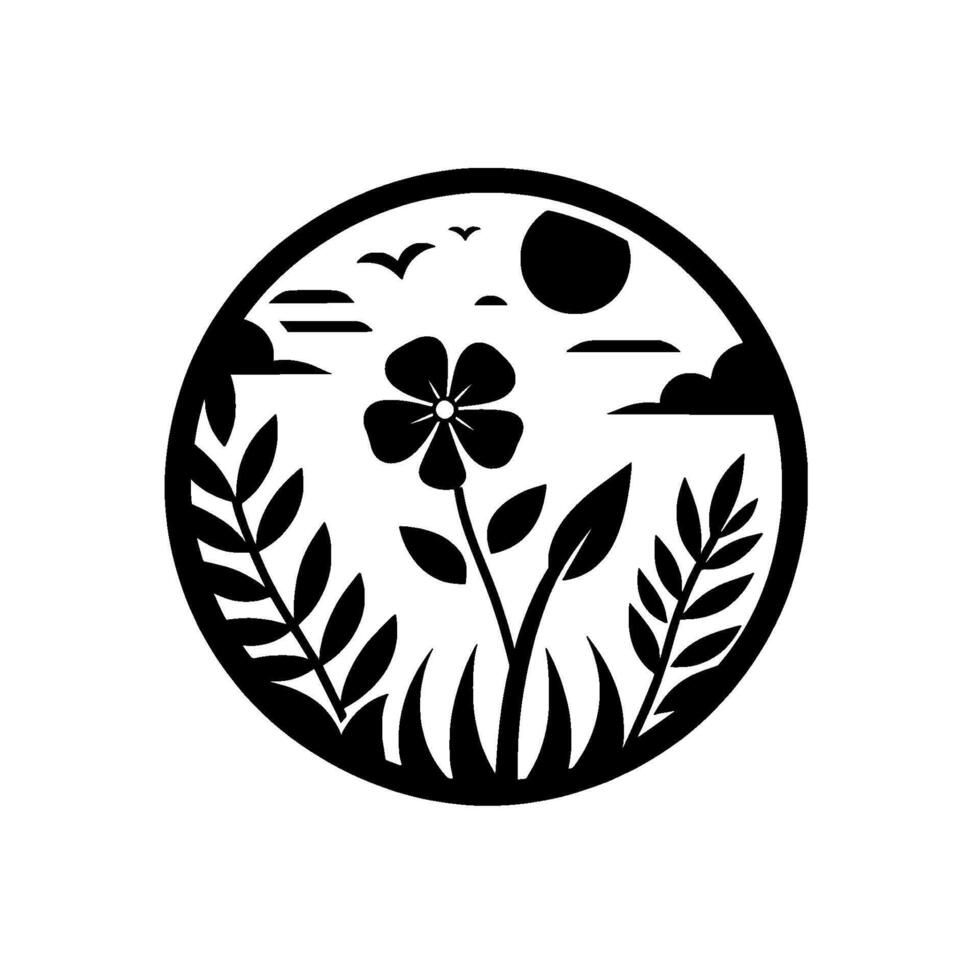 Monochrome circular floral silhouette featuring a stylized flower, foliage, birds, sun, and clouds, evoking a minimalist and naturalistic aesthetic. vector