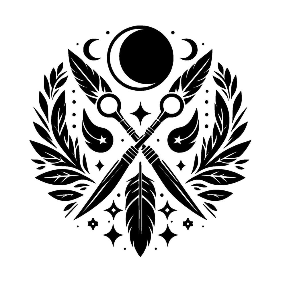 Celestial Emblem Crossed Blades, Feathers, and Moon Phases Encircled by Laurel Branches in Minimalist, BlackandWhite Design. vector