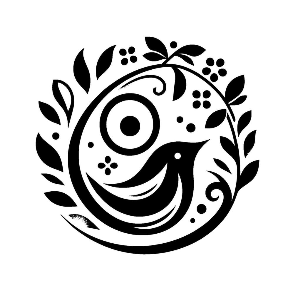 Stylized Black and White Bird Within Circular Branch and Berry Motif, Minimalist on White Background. vector