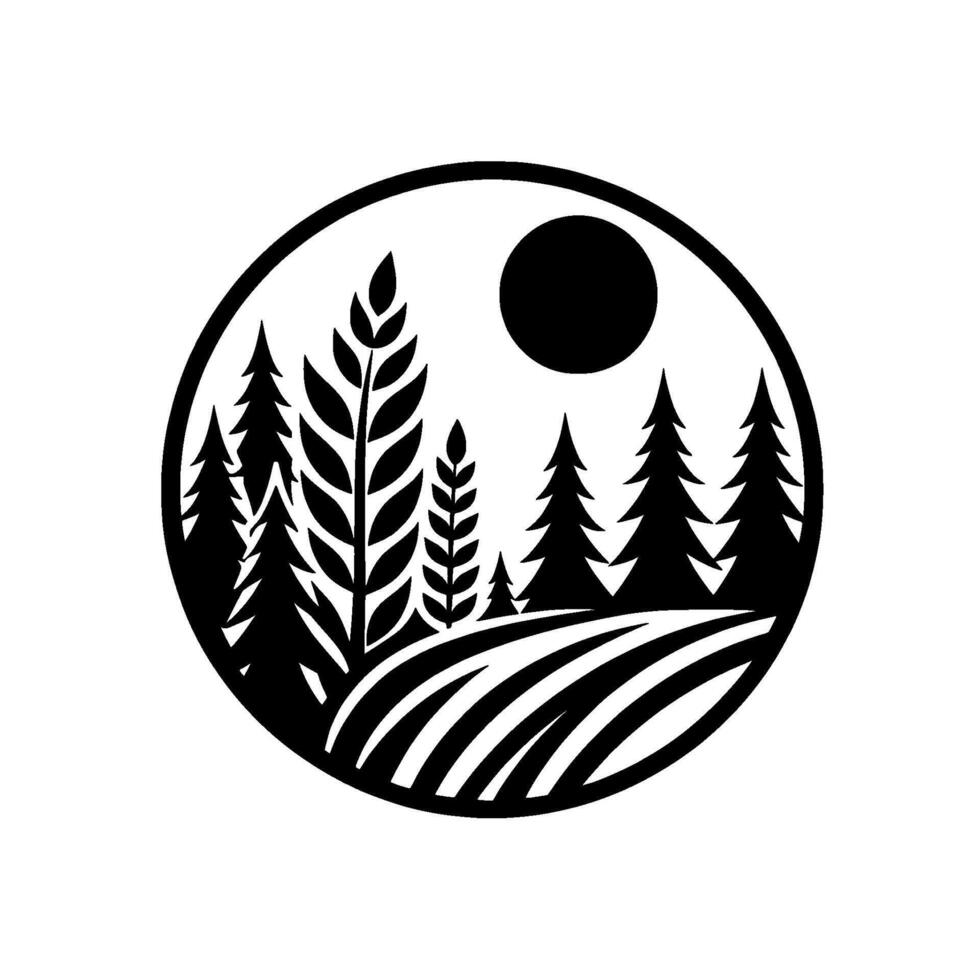 A stylized black and white nature emblem forest, wheat, field, and sun circle composition. vector