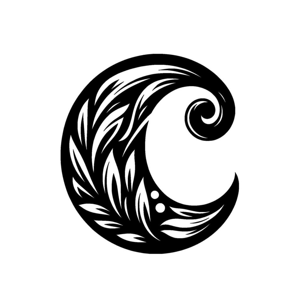 Artistic Black and White Crescent A Decorative Floral with Swirls, Embellishments, and Delicate Leaf Shapes. vector