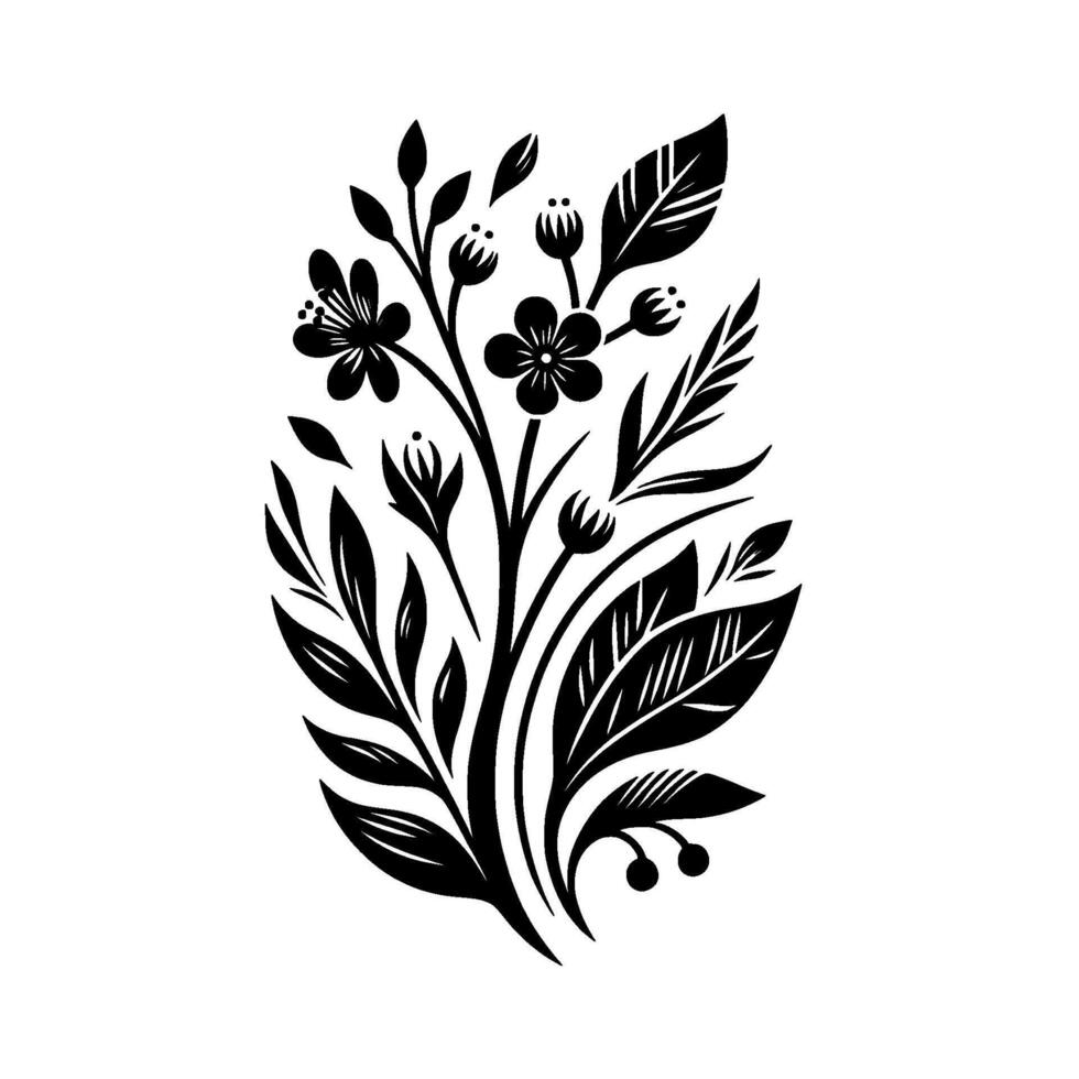 Elegant Black Floral Silhouette Stylized Bloom Composition on a White Canvas, Emphasizing Leaves and Blossoms. vector