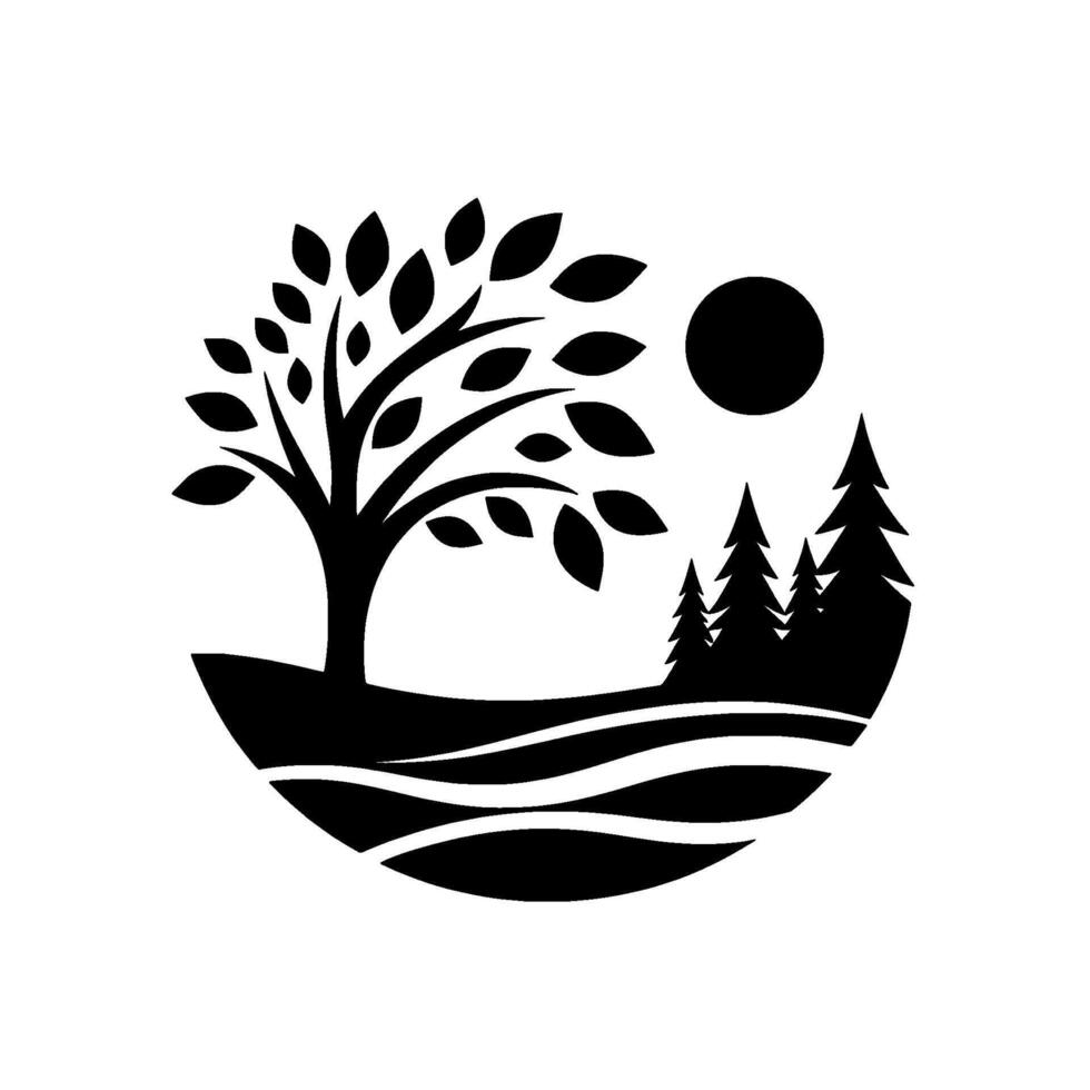 Silhouette nature scene within a circle tree, pine trees, sun, and curved landscape, all rendered in bold black and white contrast, capturing a minimalist aesthetic. vector