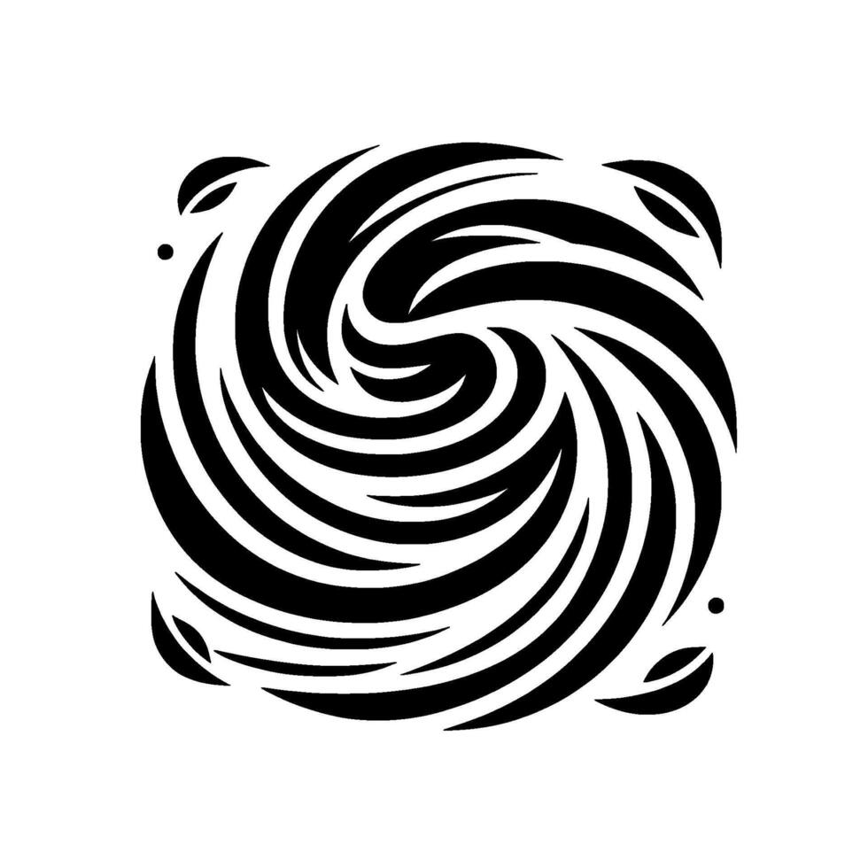 A stylized, minimalist monochrome featuring a swirling vortex of bold black lines within a square, accented by leaflike forms and small dots in each corner. vector