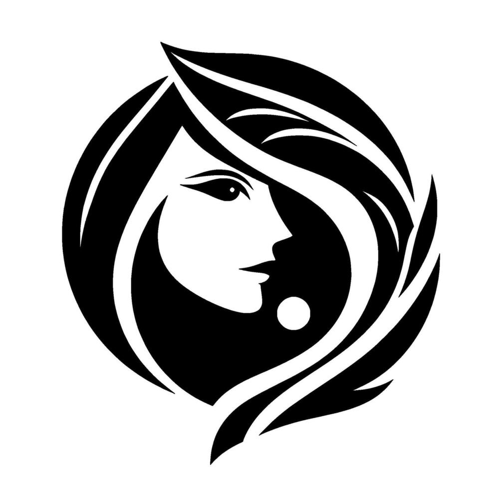 Minimalist black and white featuring a stylized womans profile within a circular frame, emphasizing flowing hair and elegant features. vector