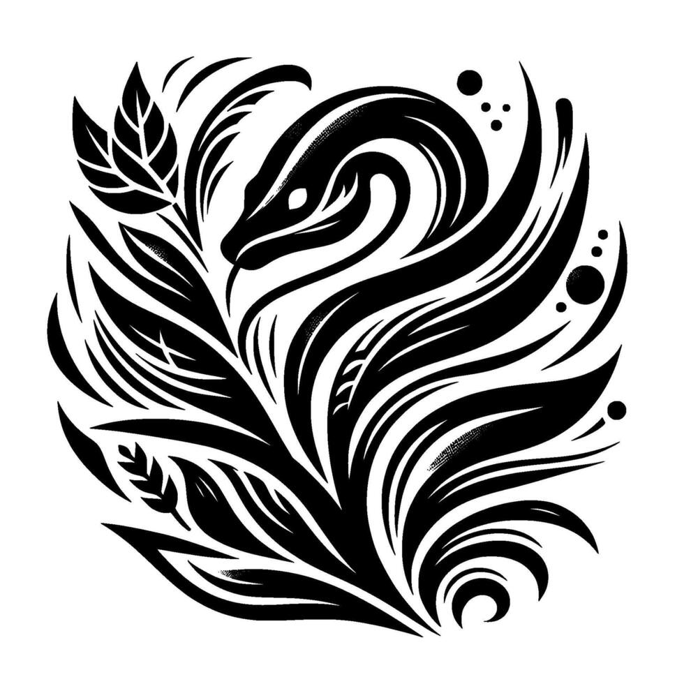 A stylized black and white illustration depicts a snakes head and body intertwined with plantlike organic forms and dotted accents, forming a circular composition. vector