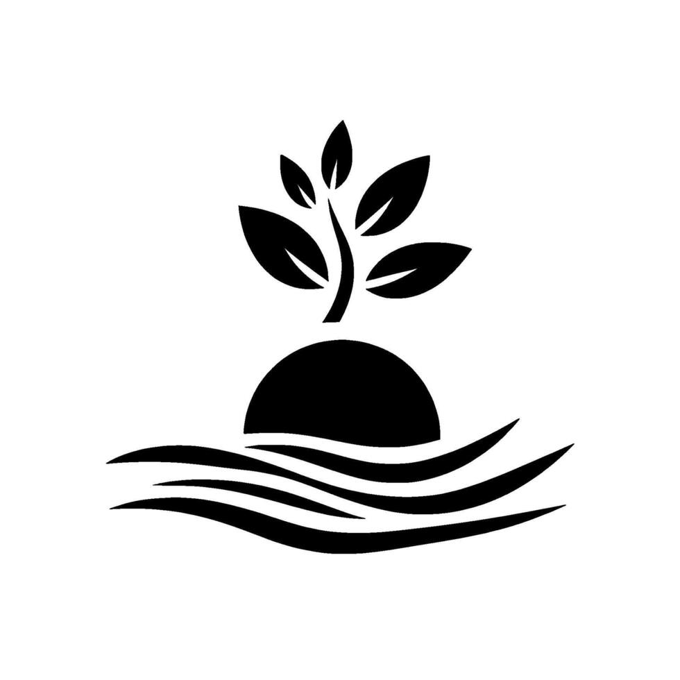 Minimalist black and white depicting a sprouting plant emerging from a sunlike shape above stylized ocean waves, symbolizing growth. vector