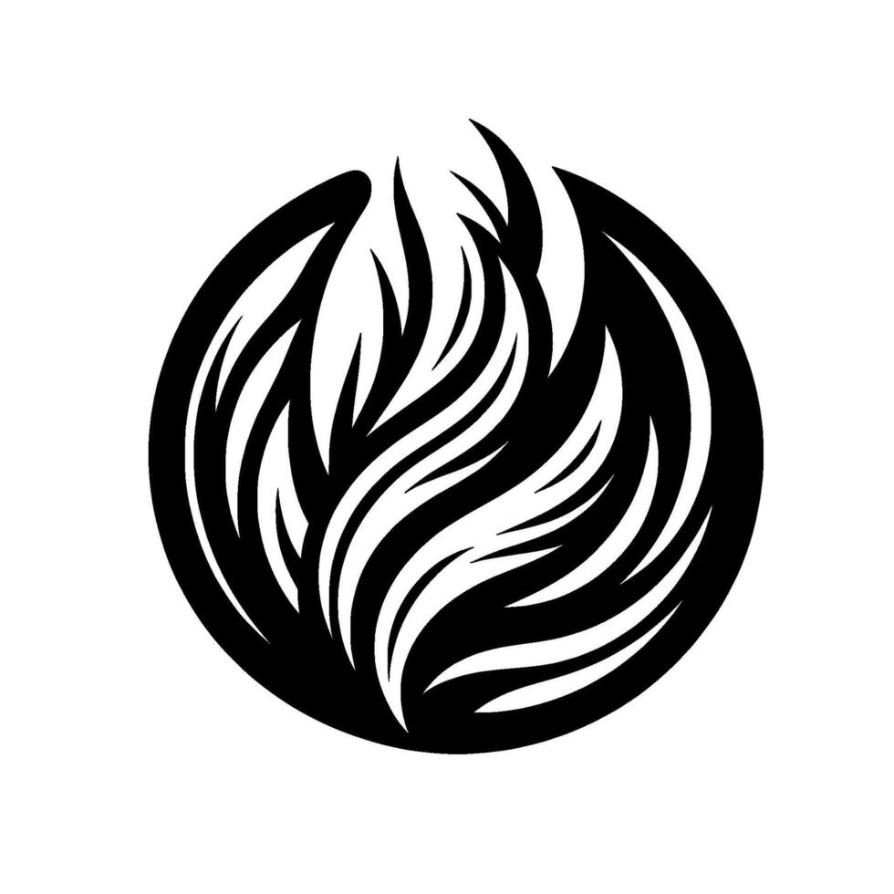 A stylized, black and white circular emblem featuring a flowing, flamelike within a smooth, dark border, set against a clean, bright background. vector