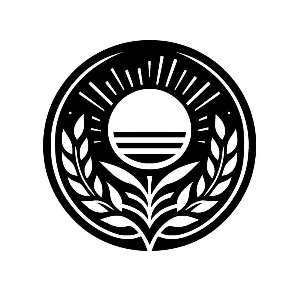 Black and white minimalist emblem featuring a sun, a horizon line, and foliage within a circular border, evoking nature simplicity. vector