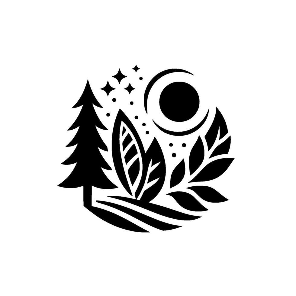 A stylized minimalist illustration of a night scene, featuring a pine tree, leaves, a crescent moon, stars, and dots, rendered in bold black and white. vector