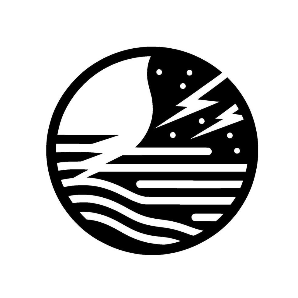 Minimalist black and white circular emblem depicting a boat silhouette on wavy waters, under a stormy night sky with lightning and stars. vector