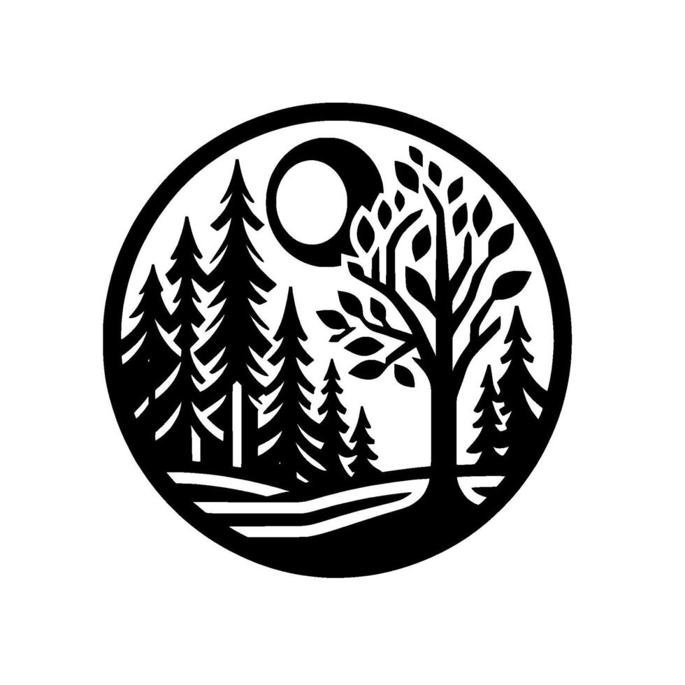 Silhouette of a forest scene in a circular frame featuring a full moon and a diverse array of trees. vector