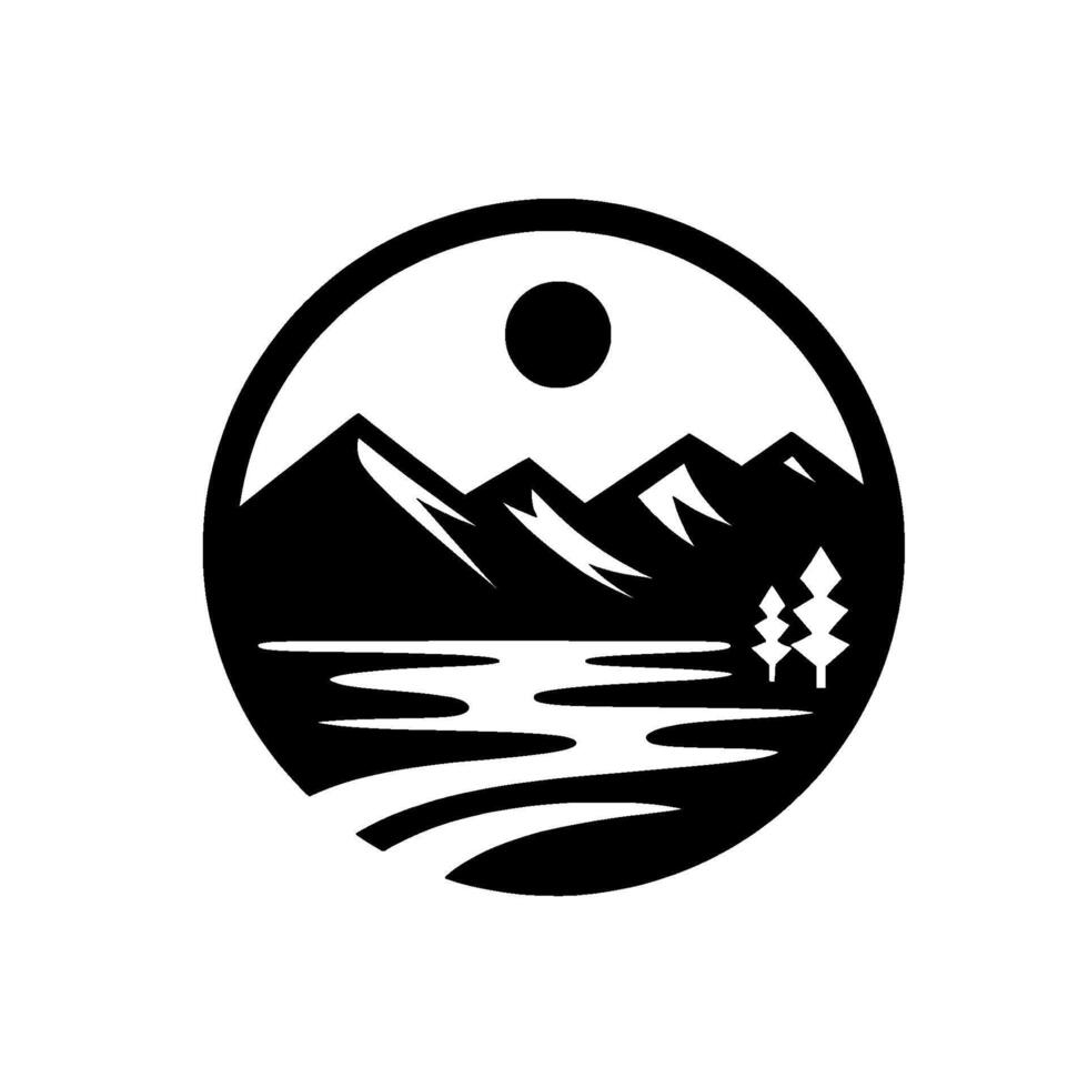 A stylized, monochromatic, circular emblem showcasing majestic mountain peaks, a tranquil lake, and pine trees under a radiant sun. vector