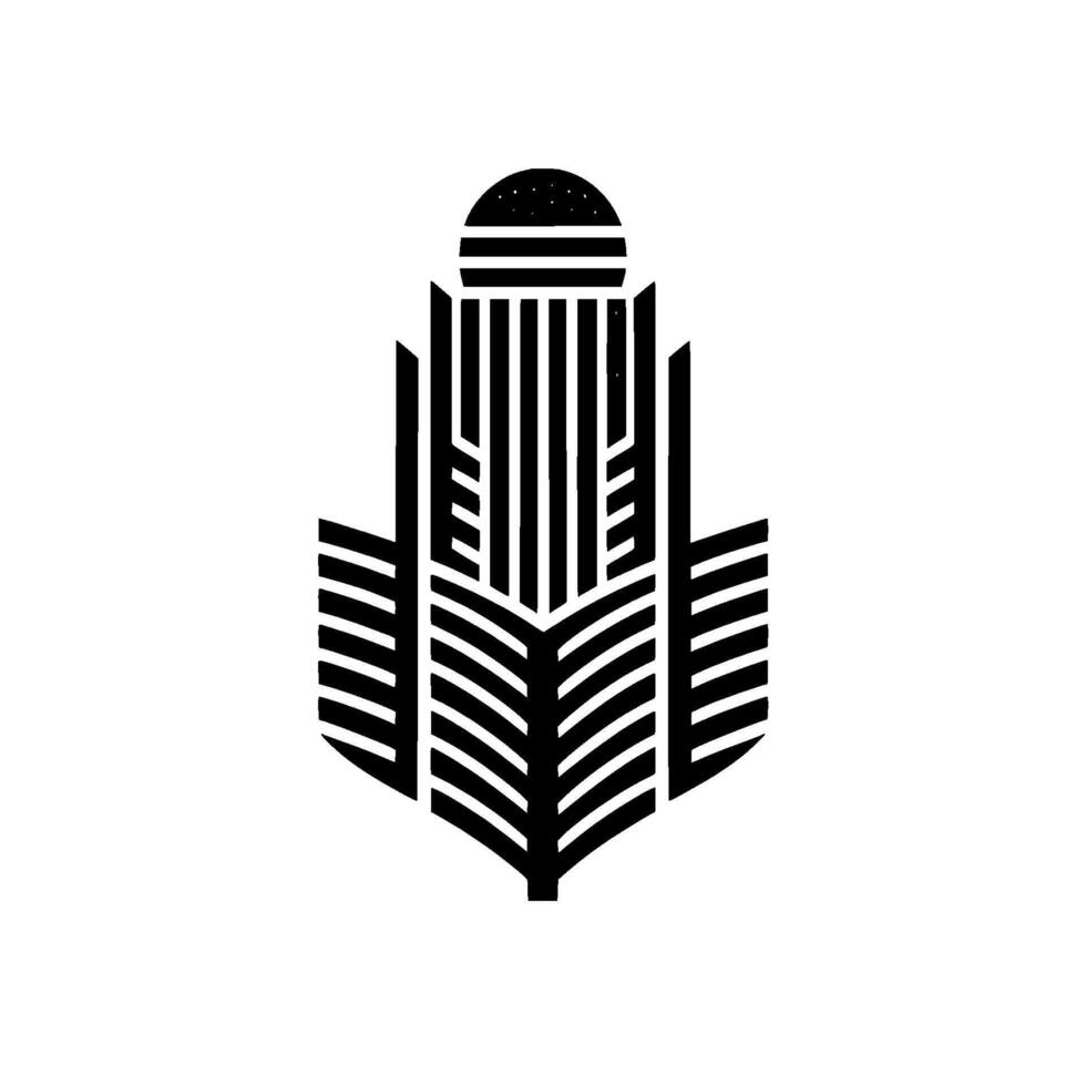 Abstract geometric illustration featuring a symmetrical resembling a stylized architectural structure, with repeating vertical and angled lines. vector