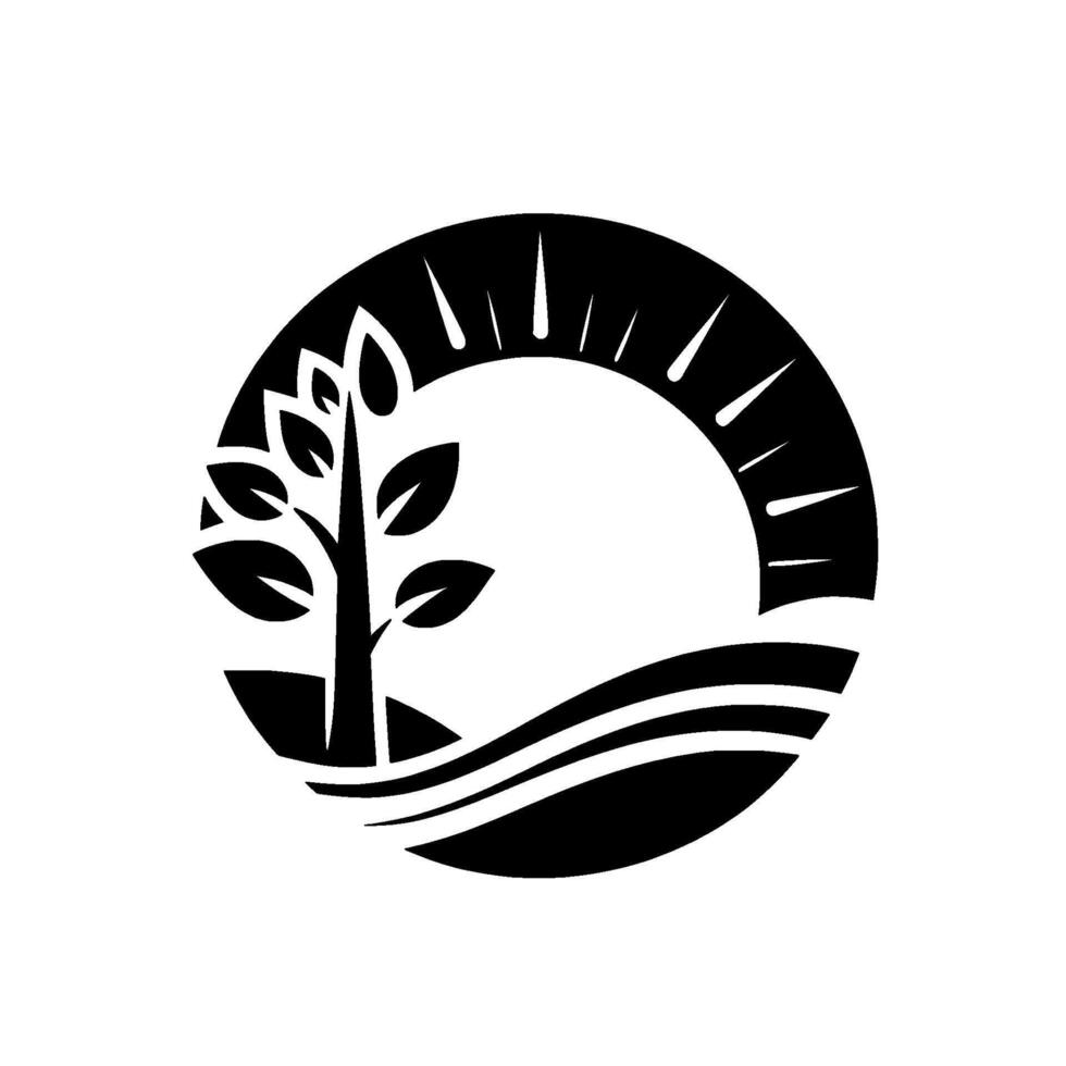 Minimalist Black and White Circular Depicting a Tree and Sun Over Waves, Representing Growth, Nature, and Sustainability. vector