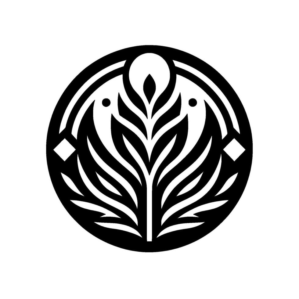 Monochrome Circular Emblem Stylized Foliage with Abstract Leaf Structure, Geometric Forms and Minimalist on White Backdrop. vector