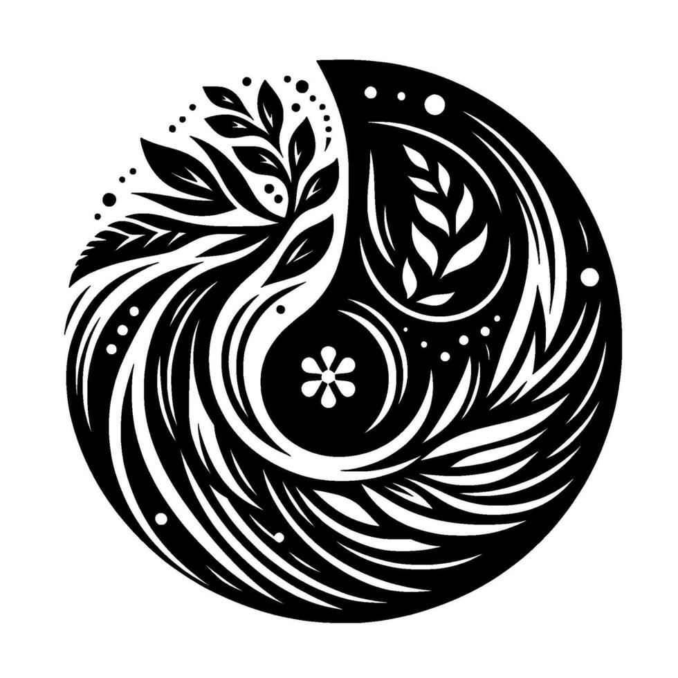 Yin Yang Symbol with Botanical Elements Leaves, Flourishes, and Dots in a Bold Black and White vector