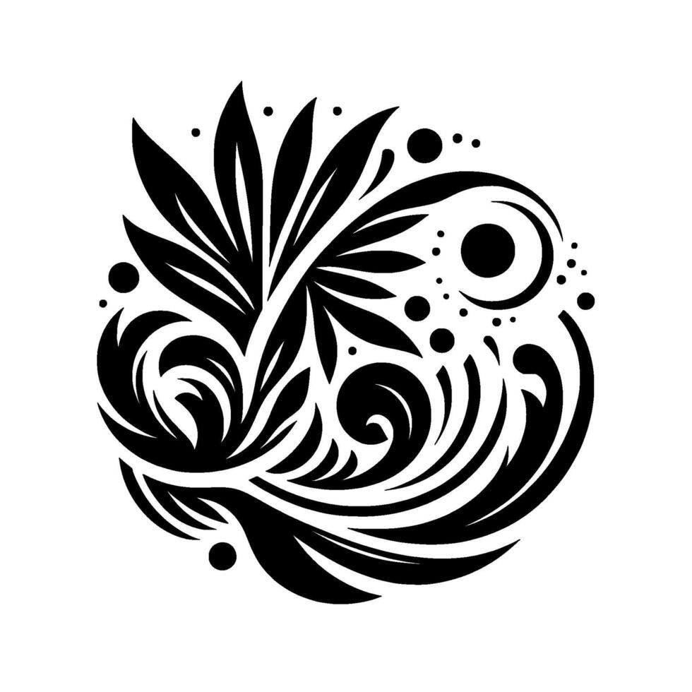 A symmetrical black and white floral featuring stylized leaves, swirling patterns, and dotted accents, radiating elegance. vector