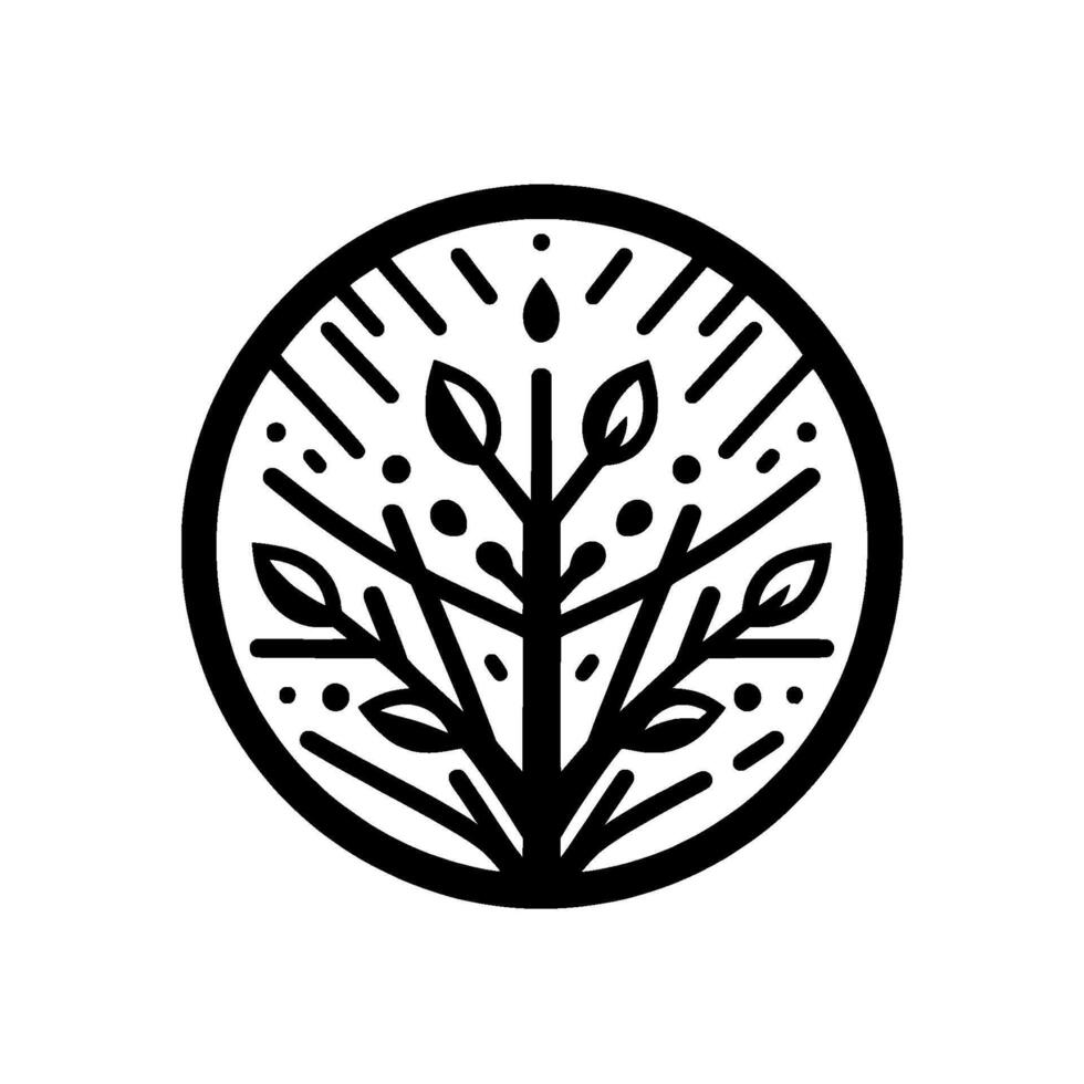 Minimalist Black and White Emblem Abstract Tree Within a Circle with Leaves and Dots, Suitable for Branding. vector