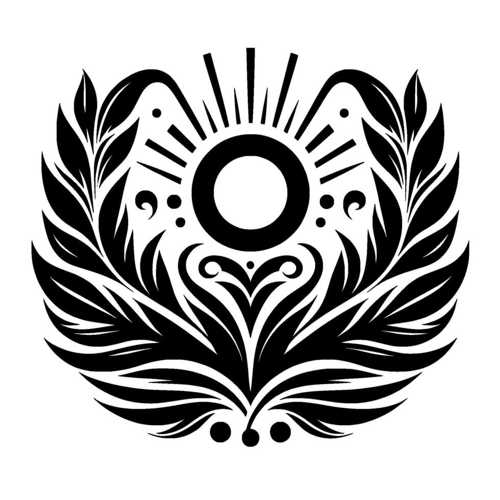 Intricate Black and White Sunburst Emblem with Leafy Wreath and Detailed Floral Accents, Symbolizing Nature and Radiance. vector