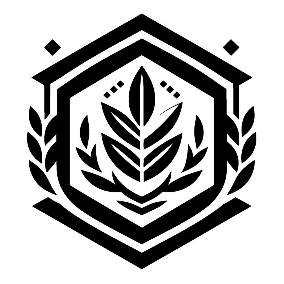 Minimalist Black and White Emblem with Leafy Design, Hexagonal and Linear Geometric Border, and Decorative Accents. vector