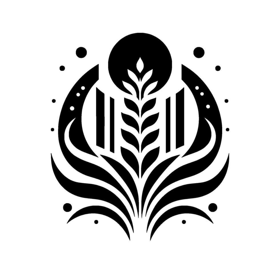 Abstract monochrome featuring wheatlike sprig, stylized archways, circular elements, and curved, leaflike flourishes, evoking natural balance. vector