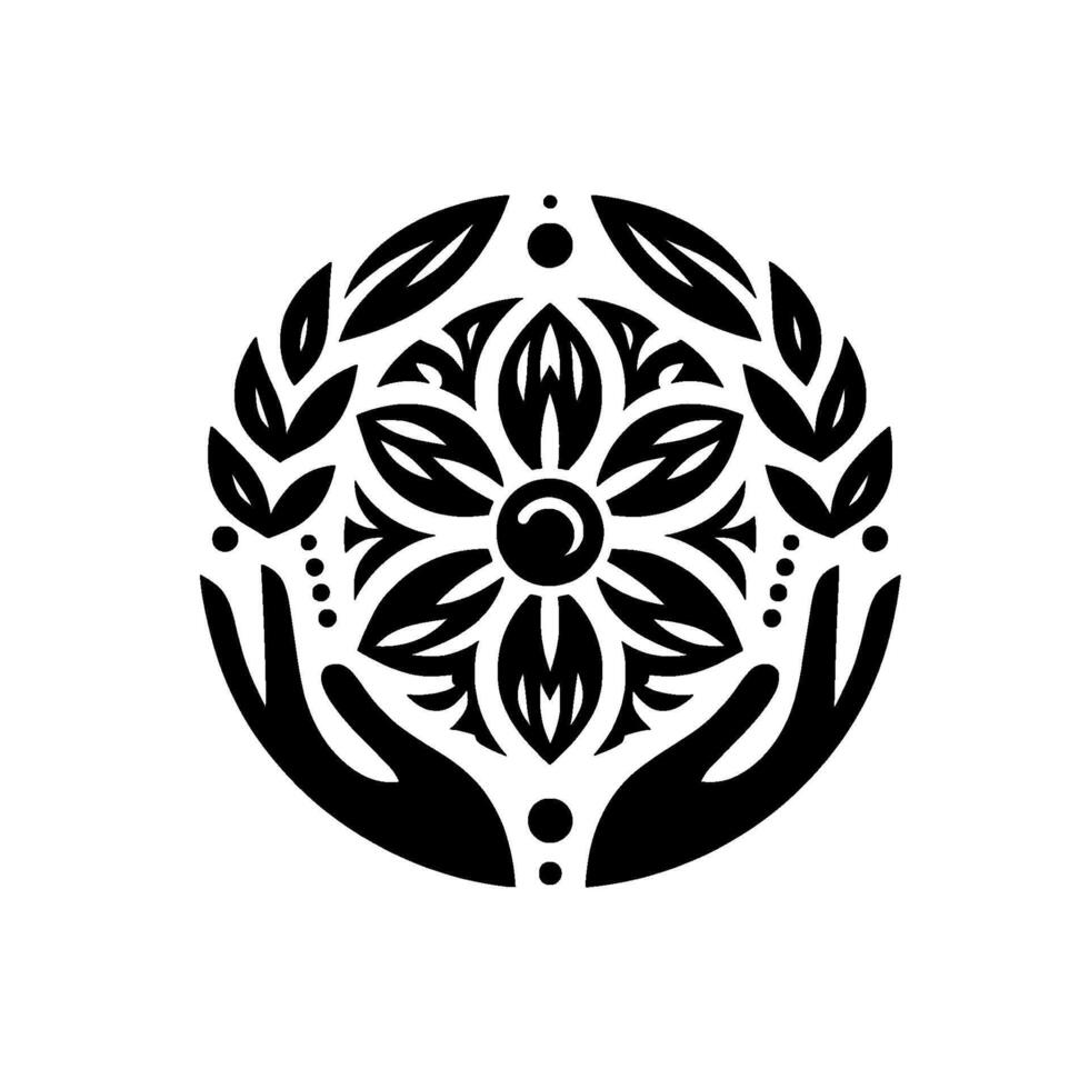 Symbolic Embrace A symmetrical black and white featuring cupped hands cradling a stylized floral mandala adorned with leaves and dots, conveying harmony and care. vector