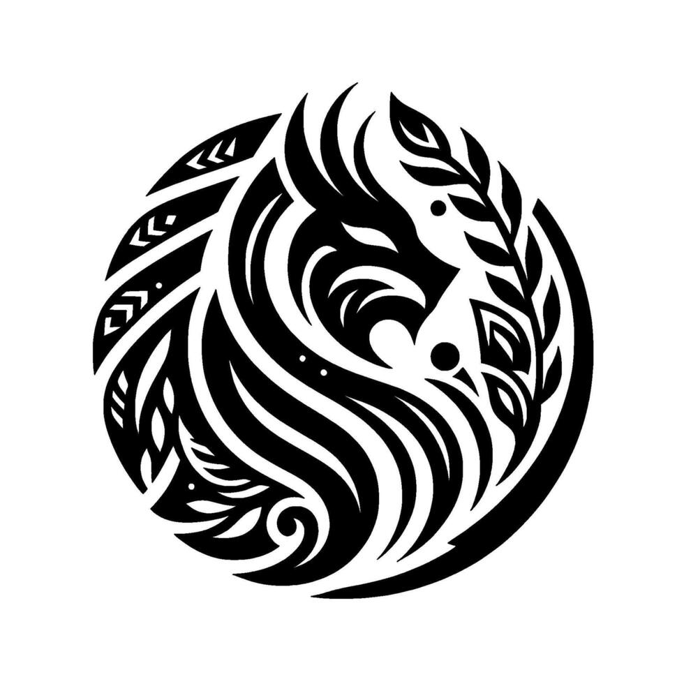 Intricate Black and White Tribal Lion Head Mandala with Leafy Accents on a Soft White Background, Representing Strength and Harmony vector