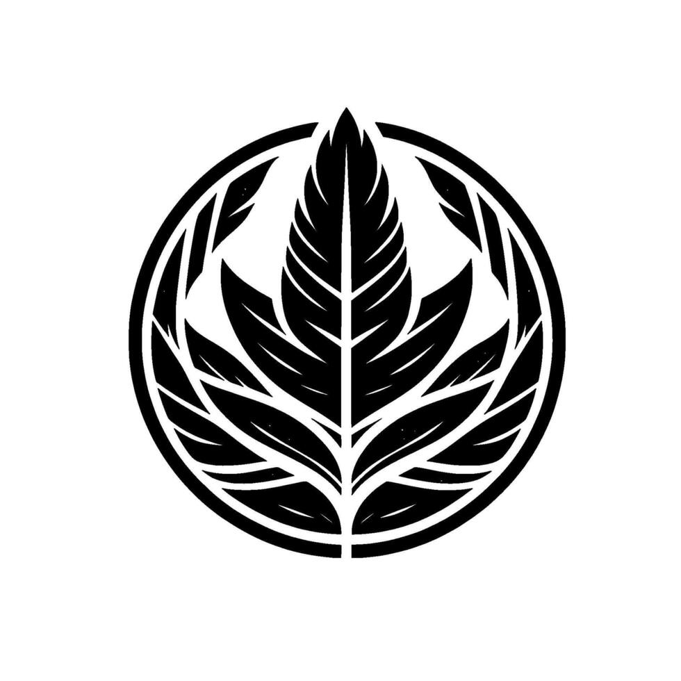 Monochromatic Botanical Emblem A symmetrical black leaf encircled by a clean, circular frame on a stark white background, emphasizing nature and simplicity. vector