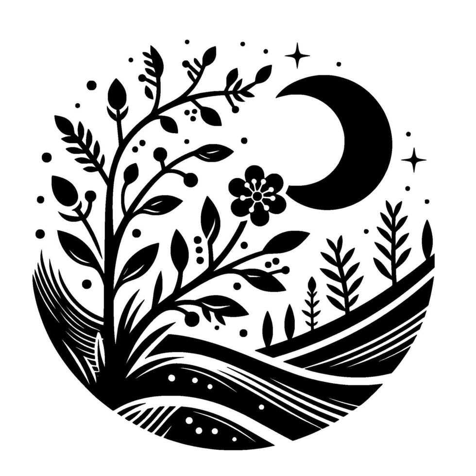 Black and White Circular Illustration Nightscape with Floral Tree, Crescent Moon, Stars, and Serene Landscape. vector