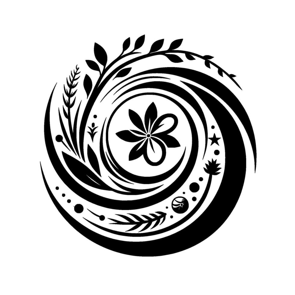 Elegant black and white floral with swirling elements and botanical motifs arranged in a circular pattern, embodying natural harmony. vector