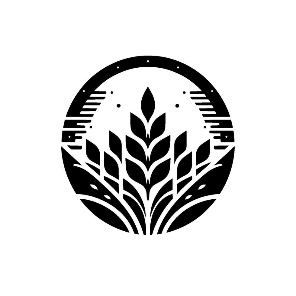 Minimalist Black and White Circular Depicting Wheat Stalks, Leaves, and Geometric Elements, Emphasizing Nature. vector