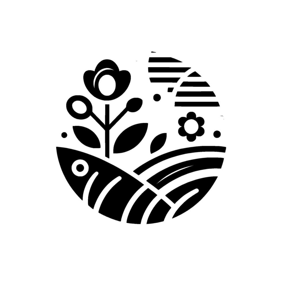 Abstract monochrome illustration depicting a stylized floral landscape within a circular frame, featuring bold black shapes, with details of plants and fields. vector
